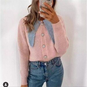 Zara Wool Alpaca Blend Contrast Collar Sweater Front Jewel/Rhinestone Button Med